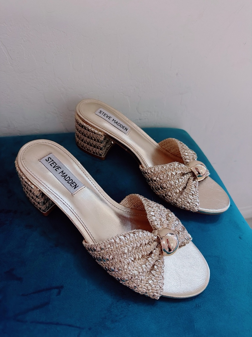 Steve Madden Gold Braided Block Heel Slide Sandals